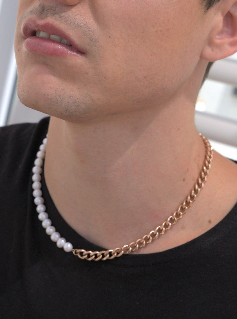 18K Gold Pearl Necklace Half Pearl Half Cuban Mens Gold Chain Necklace  Shell Pearl Chain Gold Necklace Men by Twistedpendant - Etsy UK | Mens gold chain  necklace, Gold chains for men,